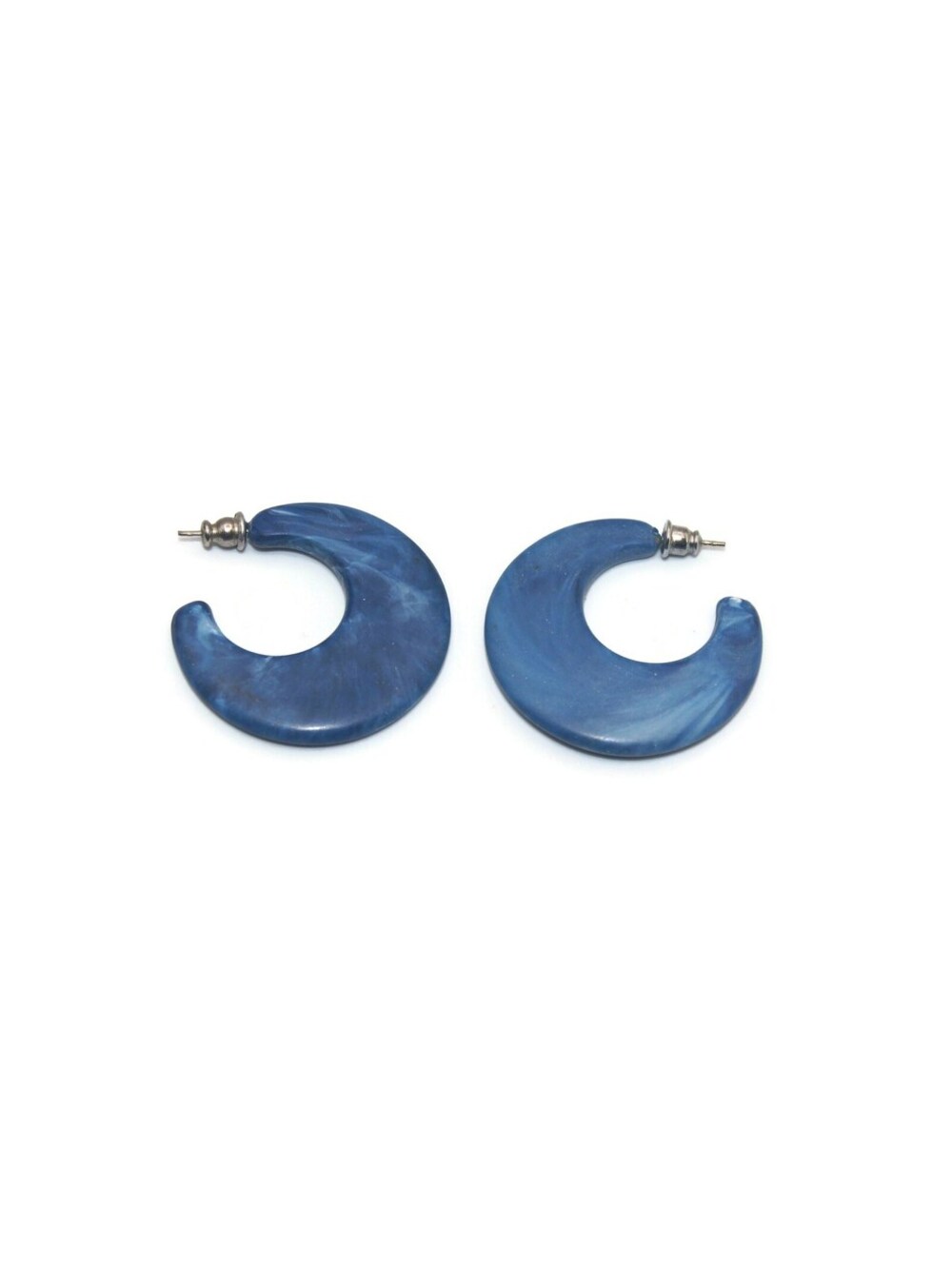 Vintage Silver Tone and Marbled Blue Lucite Plastic Post Back Hoop Earrings.